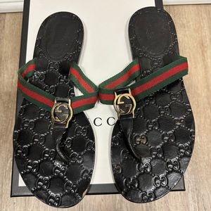 Gucci Black Leather And Web Strap Interlocking "GG" Thong Sandals Size 38.5